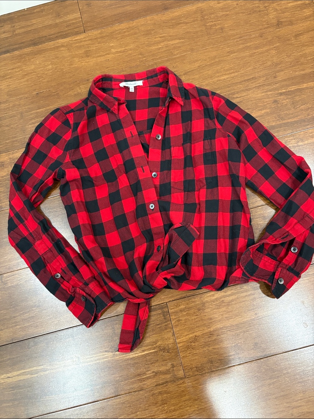 Madewell Red & Black Buffalo Plaid Button-Down Shirt, front tie, XXS